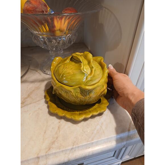 Cabbage Lettuce Turain Serving Bowl Lid Dish Platter Green Ceramic Cottage Farm - Picture 4 of 16